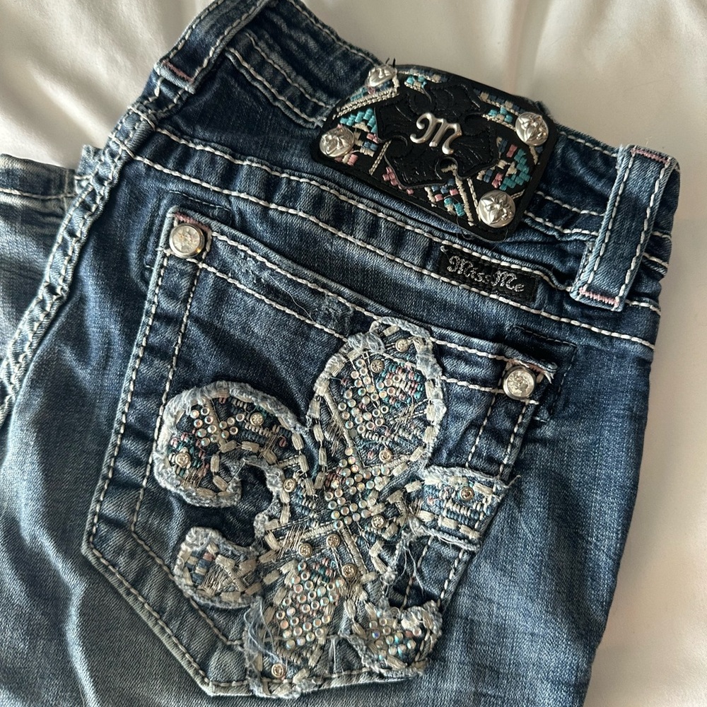 Miss Me Blue Embellished Boot Cut Jeans with Sequin Patch